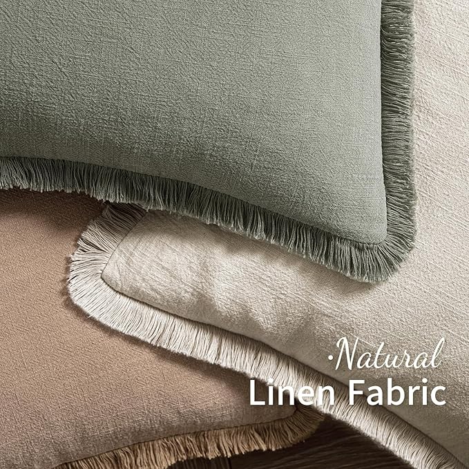 MIULEE Christmas Decorative Throw Pillow Covers Neutral Linen Fringe Throw Pillows Euro Shams Set of 2 Natural Beige Boho Farmhouse Cushion Covers for Couch Sofa Bed Living Room Home Decor 26x26 Inch