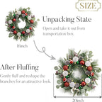 Valery Madelyn 20'' Pre-Lit Christmas Wreath for Front Door with Light, Lighted Christmas Door Wreath with Red Green White Xmas Ball Norfolk Pine Branch for Home Porch Fireplace Window Holiday Decor