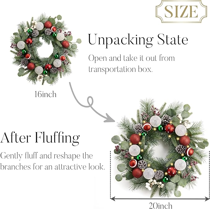 Valery Madelyn 20'' Pre-Lit Christmas Wreath for Front Door with Light, Lighted Christmas Door Wreath with Red Green White Xmas Ball Norfolk Pine Branch for Home Porch Fireplace Window Holiday Decor