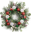 Valery Madelyn 20'' Pre-Lit Christmas Wreath for Front Door with Light, Lighted Christmas Door Wreath with Red Green White Xmas Ball Norfolk Pine Branch for Home Porch Fireplace Window Holiday Decor