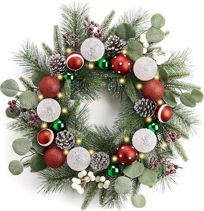 Valery Madelyn 20'' Pre-Lit Christmas Wreath for Front Door with Light, Lighted Christmas Door Wreath with Red Green White Xmas Ball Norfolk Pine Branch for Home Porch Fireplace Window Holiday Decor
