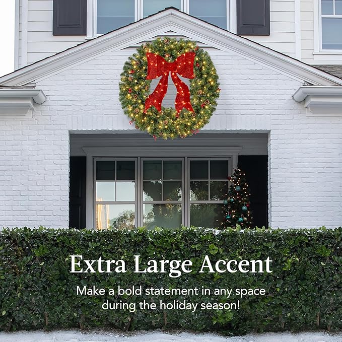 Best Choice Products 36in Pre-Lit Christmas Wreath w/Berries & Pinecones, Large Artificial Indoor/Outdoor Decor for Door, Mantel w/Red Bow, Plug-in