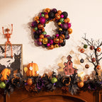 Valery Madelyn 18 Inch Halloween Wreath for Front Door with Lights, Pre-Lit Fall White Pumpkin Skull Wreath Pink Roses Halloween Decorations for Home Porch Table Centerpiece Party Holiday Autumn Decor