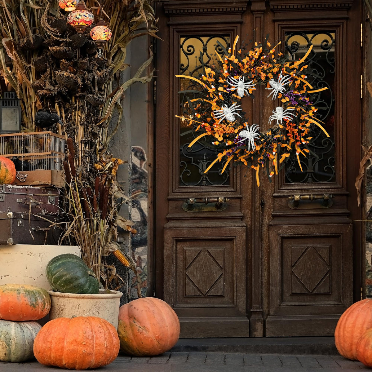Sggvecsy Halloween Wreath 23inch with Artificial Spider Handmade Black Orange Leaves Orange Purple Berries Teeth Front Door Decorations for Outdoor Home Halloween Festival Decoration