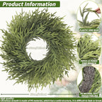 24 inch Norfolk Pine Wreath, Realistic Christmas Wreath for Front Door,Artificial Real Touch Green Wreath Greenery for Door Wall Windows Mantle Outdoor Christmas Decoration