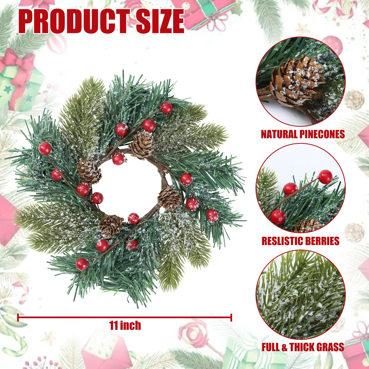 Sggvecsy 4 Pcs Christmas Candle Rings Norfolk Pine Wreath Table Centerpieces Artificial Red Berries Pinecones Small Wreaths Kitchen Cabinets Pillars Mini Candle Rings for Window Front Door Decor