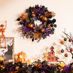 Valery Madelyn 18 Inch Halloween Wreath for Front Door with Lights, Pre-Lit Fall White Pumpkin Skull Wreath Pink Roses Halloween Decorations for Home Porch Table Centerpiece Party Holiday Autumn Decor