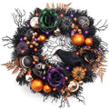 Valery Madelyn 18 Inch Halloween Wreath with Lights for Front Door, Collapsible Pre-Lit Wreath with Fake Crow Pumpkin Halloween Decorations for Home Wall Decor