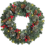 FR Artificial Pre-Lit Fir Christmas Wreath Holiday Accent Decoration, Wintry Pine, Decorated with Pine Cones Berry Clusters Frosted Branches, with LED Lights for Door, Mantel 20 Inch