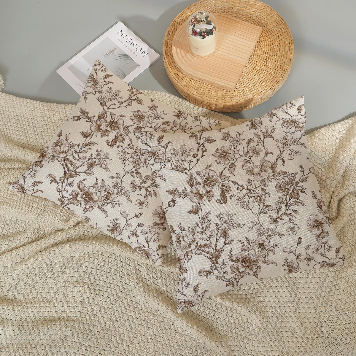GOLIANDA Brown Pillow Covers 18x18 Set of 2 Brown and Cream Floral Chinoiserie Throw Pillows Vintage Rustic Toile Flower Decorative Pillow Cases Outdoor Chinoiserie Decor Cushion Case for Couch Sofa