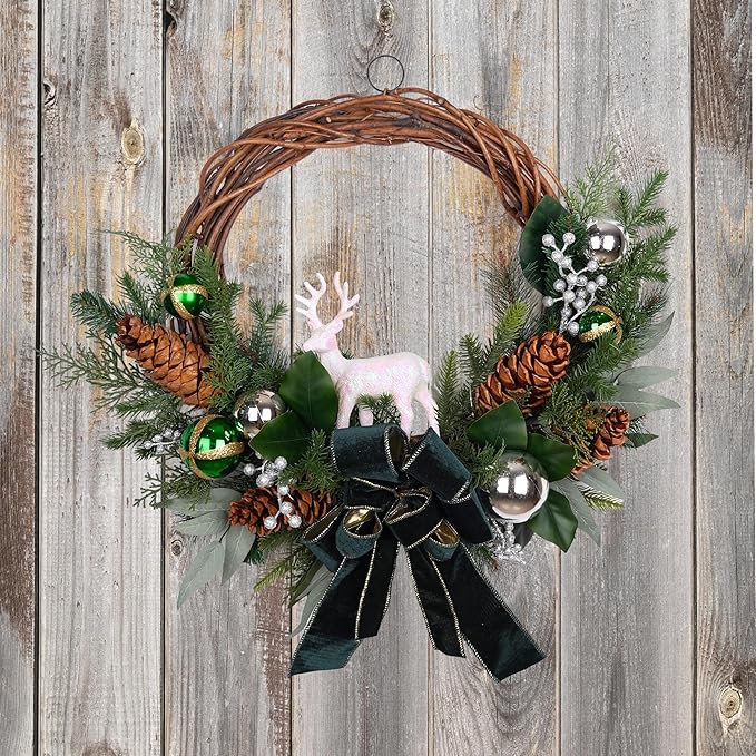 28" Lighted Christmas Wreath for Front Door, Handmade with Pinecones Ornaments Deer Bow, Christmas Wreath Decoration for Home Door Porch Wall Indoor Outdoor
