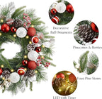 Valery Madelyn 20'' Pre-Lit Christmas Wreath for Front Door with Light, Lighted Christmas Door Wreath with Red White Xmas Ball Norfolk Pine Branches for Home Porch Fireplace Window Holiday Decor
