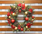 BIG 25" D Pre-lit Christmas Artificial Rose Pine Wreath w Natural Grapevine Base Lotus Seedpod (35 LED Lights, 8 Flash Options) for Xmas Decor at Shop Home Front Door Living Room Wall Window (Battery)