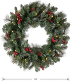 National Tree Company Pre-Lit Artificial Christmas Wreath, Green, Crestwood Spruce, White Lights, Decorated with Pine Cones, Berry Clusters, Frosted Branches, Christmas Collection, 24 Inches