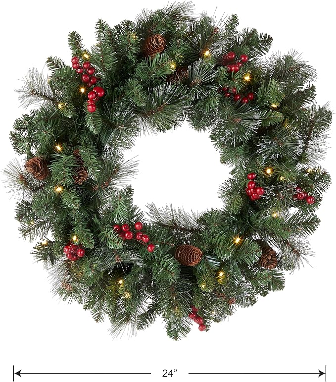 National Tree Company Pre-Lit Artificial Christmas Wreath, Green, Crestwood Spruce, White Lights, Decorated with Pine Cones, Berry Clusters, Frosted Branches, Christmas Collection, 24 Inches
