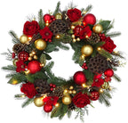 BIG 25" D Pre-lit Christmas Artificial Rose Pine Wreath w Natural Grapevine Base Lotus Seedpod (35 LED Lights, 8 Flash Options) for Xmas Decor at Shop Home Front Door Living Room Wall Window (Battery)
