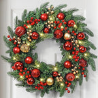 Christmas Wreath with Lights, 20 Inch Christmas Wreaths for Front Door, Large Winter Door Wreath with Ball Ornaments, Berries and Norfolk Pines, Xmas Decor for Indoor Outdoor Wall Windows