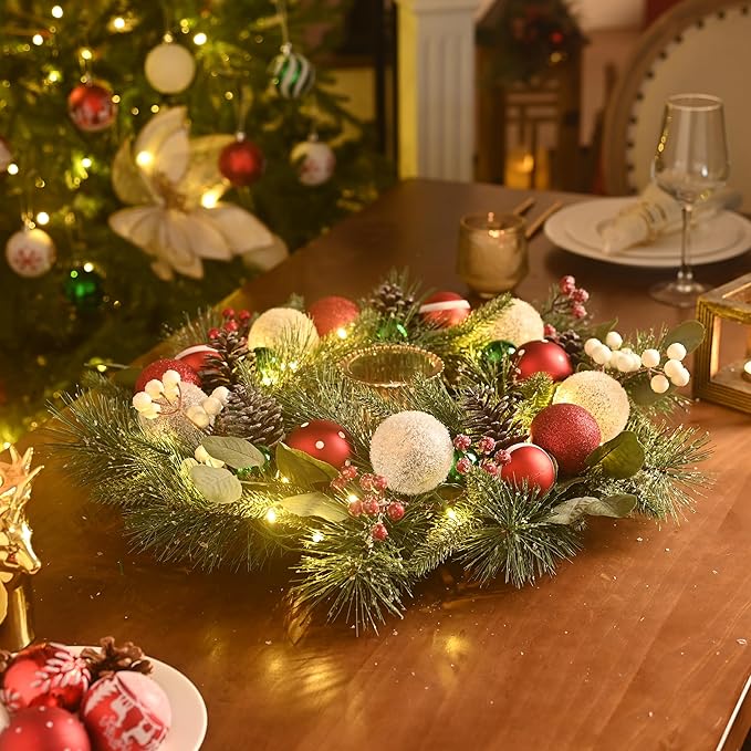 Valery Madelyn 20'' Pre-Lit Christmas Wreath for Front Door with Light, Lighted Christmas Door Wreath with Red Green White Xmas Ball Norfolk Pine Branch for Home Porch Fireplace Window Holiday Decor