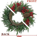 22’’ Artificial Christmas Wreath Norfolk Pine Wreath for Front Door with Pine Needles Red Berries Big Pinecones Christmas Decorations for Winter Farmhouse Wall Indoor Outdoor Home Holiday Xmas Decor