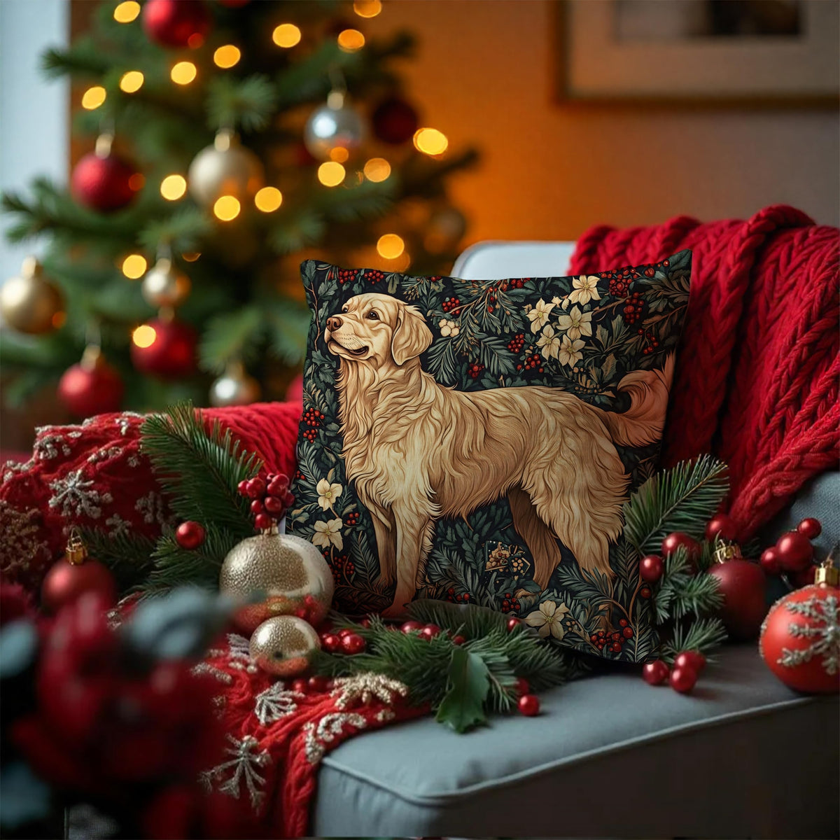 BUJSP Vintage Golden Retriever Christmas Decor Pillow Cover 18x18,Rustic Christmas William Morris Inspired Dog Floral Animal Print Botanical Decorative Throw Pillow Covers for Home Bedroom Living Room