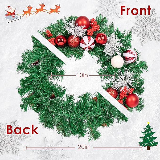 Christmas Wreaths for Front Door Outside Decor, 20" Peppermint Candy Ball Ornaments Pine Branches Winter Artificial Wreath Decorations with Bow Hanging Sign for Xmas Home Door Wall Window Fireplace