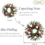 Valery Madelyn 20'' Pre-Lit Christmas Wreath for Front Door with Light, Lighted Christmas Door Wreath with Red White Xmas Ball Norfolk Pine Branches for Home Porch Fireplace Window Holiday Decor