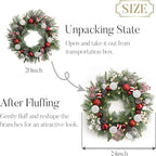 Valery Madelyn 24'' Pre-Lit Christmas Wreath for Front Door with Light, Large Lighted Outdoor Christmas Wreath with Red White Xmas Ball Norfolk Pine for Home Porch Fireplace Window Holiday Decor