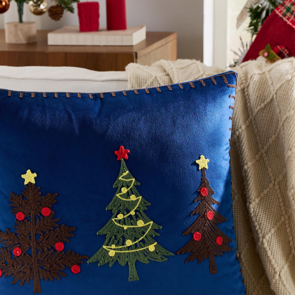 KINDREX Christmas Tree Throw Pillow Covers 18x18 Set of 2 Winter Holiday Decorative Navy Blue Embroidered Luxurious Soft Velvet Accent Pillowcase for Sofa Couch Bed Living Room Festivals Home Decor