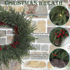 24" Artificial Christmas Wreath -Real Touch Norfolk Pine Wreath for Door,Wall,Windows,Indoor Outdoor -Christmas Wreaths for Front Door-Christmas Decorations-Holiday Decor-Free Battery LED Lights