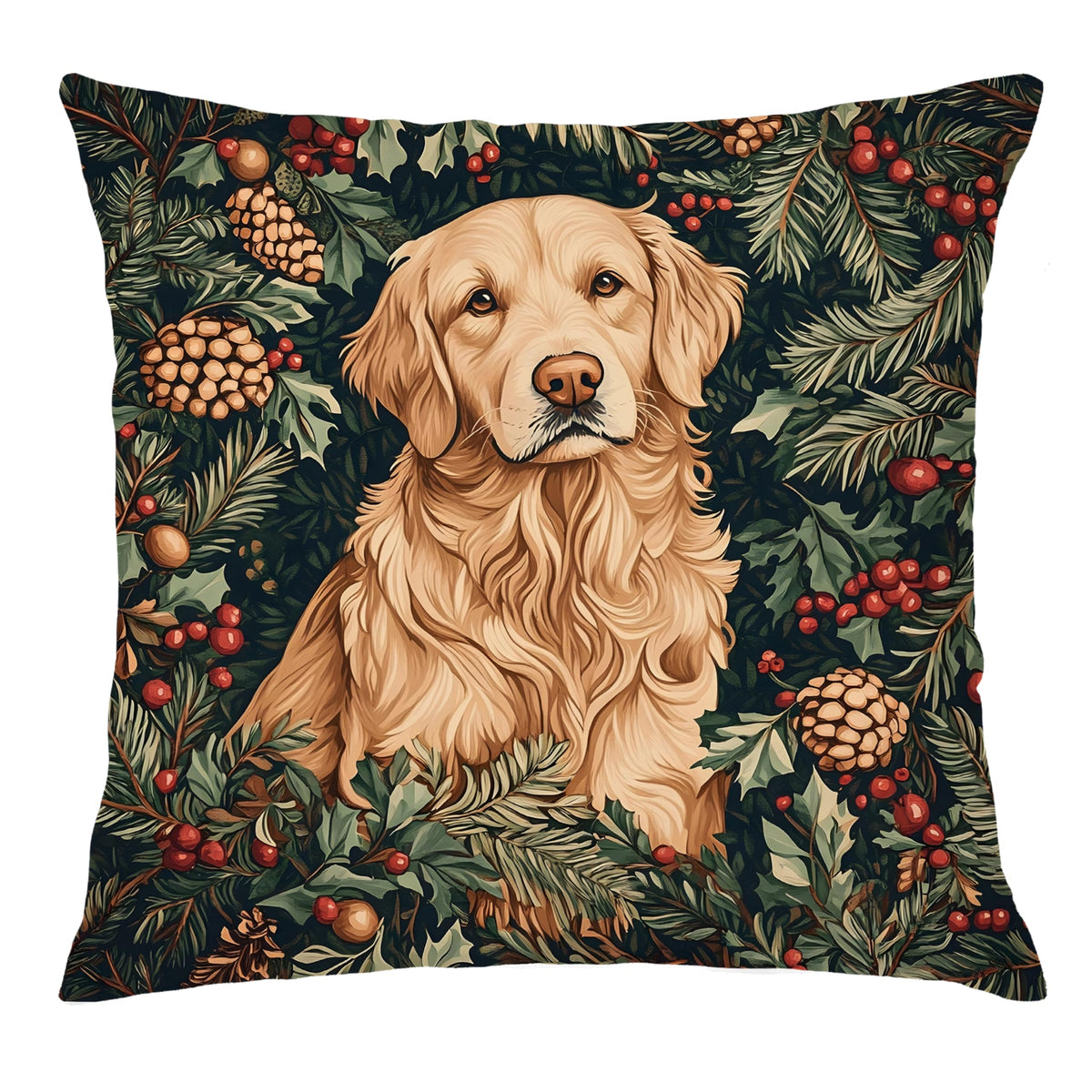 BUJSP Vintage Golden Retriever Christmas Decor Pillow Cover 18x18,Rustic Christmas William Morris Inspired Dog Animal Floral Print Botanical Decorative Throw Pillow Covers for Home Bedroom Living Room