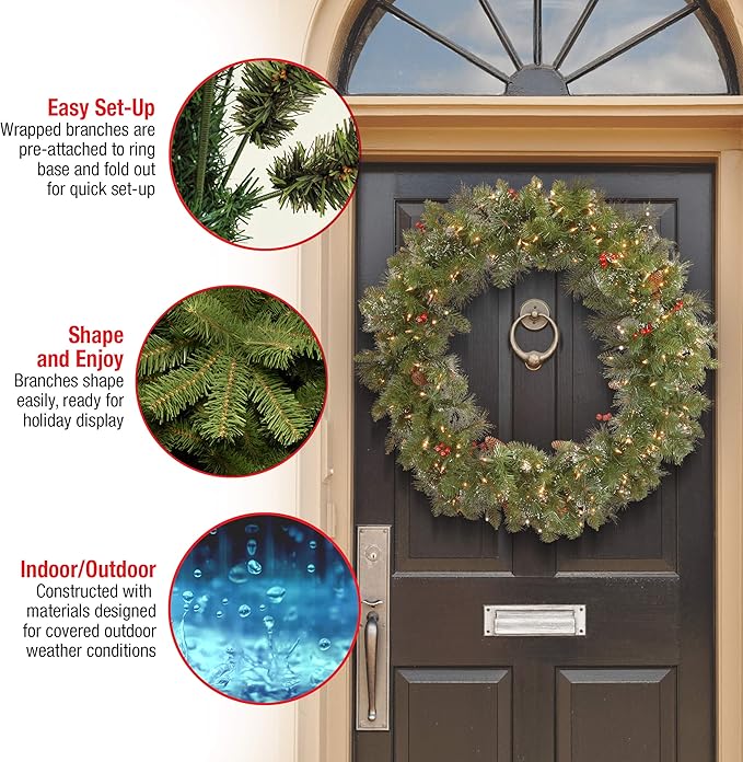 National Tree Company Pre-Lit Artificial Christmas Wreath, Green, Crestwood Spruce, White Lights, Decorated with Pine Cones, Berry Clusters, Frosted Branches, Christmas Collection, 36 Inches