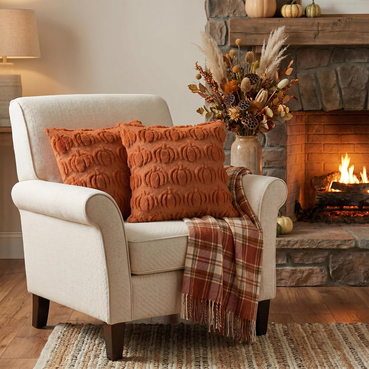 AVOIN colorlife Fall Pumpkin Caramel Throw Pillow Covers, 20 x 20 Inch Autumn Thanksgiving Harvest Soft Plush Faux Fur Jacquard Cushion Case Decoration for Sofa Couch Set of 2