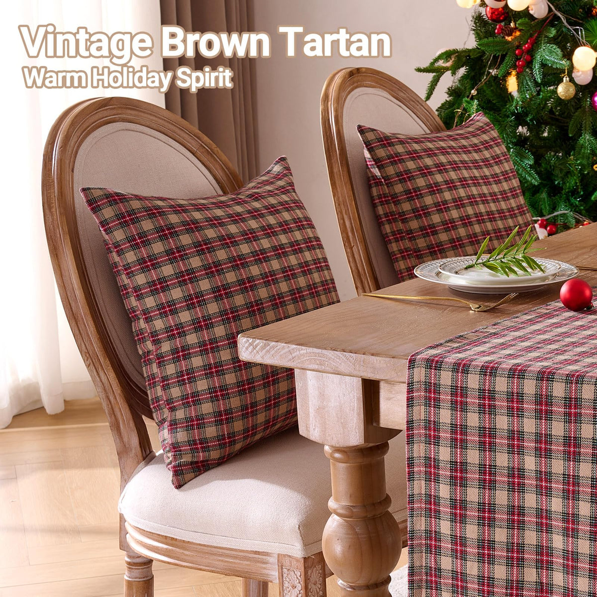 Vintage Brown Tartan Plaid Christmas Decorative Throw Pillow Covers 18x18 Set of 2, Primitive Christmas Decor Buffalo Plaid Pillows 18 x 18 Inch for Couch Bed, Rustic Farmhouse Xmas Decorations