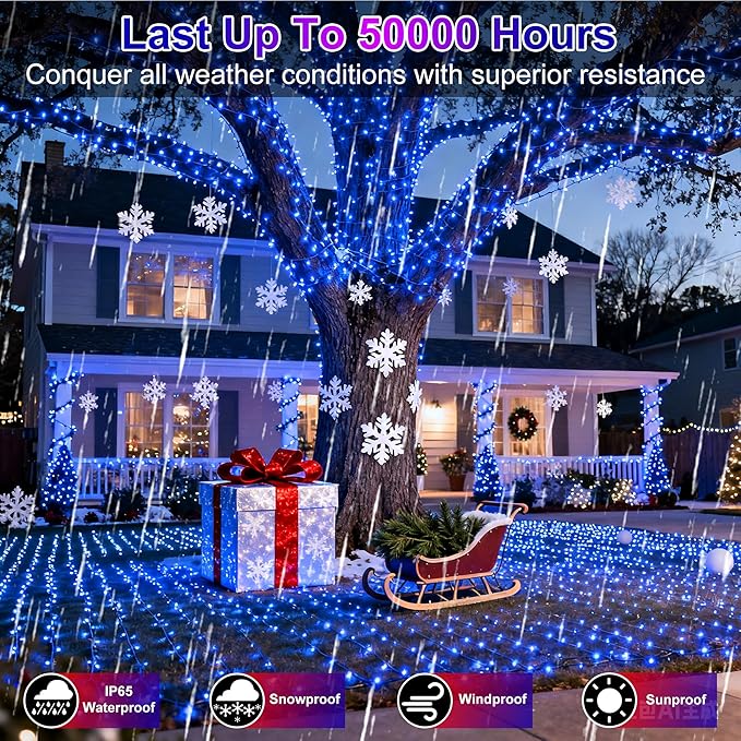 750 LED 256FT Christmas String Lights Outdoor, Christmas Light with 8 Lighting Modes& Timer & Memory, Plug in Outdoor Waterproof Clear Wire Twinkle Light for for Xmas Yard Tree Party Decor Blue