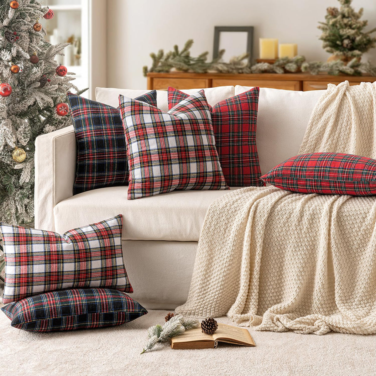 MIULEE Christmas Set of 2 Scottish Tartan Plaid Throw Pillow Covers Farmhouse Classic Decorative Outdoor Square Cushion Cases for Home Decor Sofa Couch 18x18 Inch, Red
