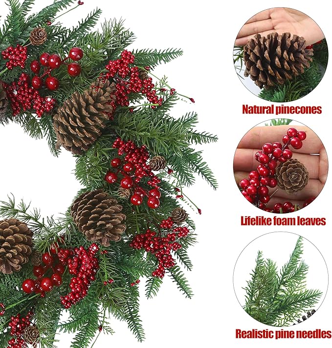 22’’ Artificial Christmas Wreath Norfolk Pine Wreath for Front Door with Pine Needles Red Berries Big Pinecones Christmas Decorations for Winter Farmhouse Wall Indoor Outdoor Home Holiday Xmas Decor