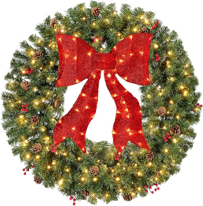 Best Choice Products 36in Pre-Lit Christmas Wreath w/Berries & Pinecones, Large Artificial Indoor/Outdoor Decor for Door, Mantel w/Red Bow, Plug-in