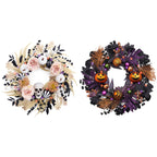 Valery Madelyn 18 Inch Halloween Wreath for Front Door with Lights, Pre-Lit Fall White Pumpkin Skull Wreath Pink Roses Halloween Decorations for Home Porch Table Centerpiece Party Holiday Autumn Decor