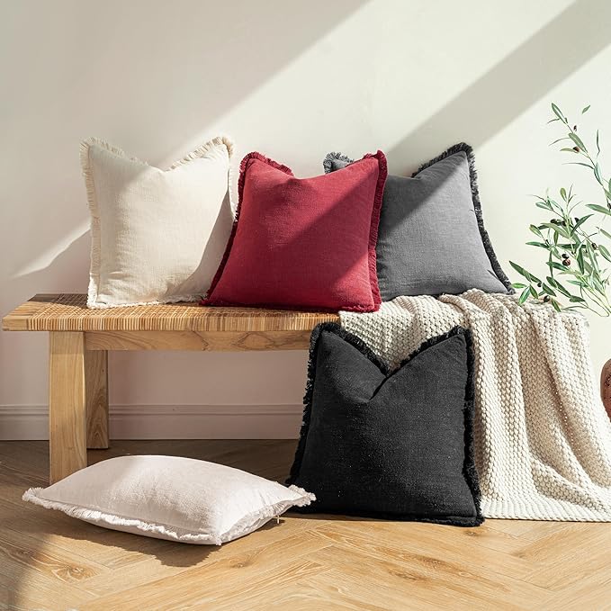 MIULEE Christmas Decorative Throw Pillow Covers Neutral Linen Fringe Throw Pillows Euro Shams Set of 2 Burgundy Boho Farmhouse Cushion Covers for Couch Sofa Bed Living Room Home Decor 22x22 Inch