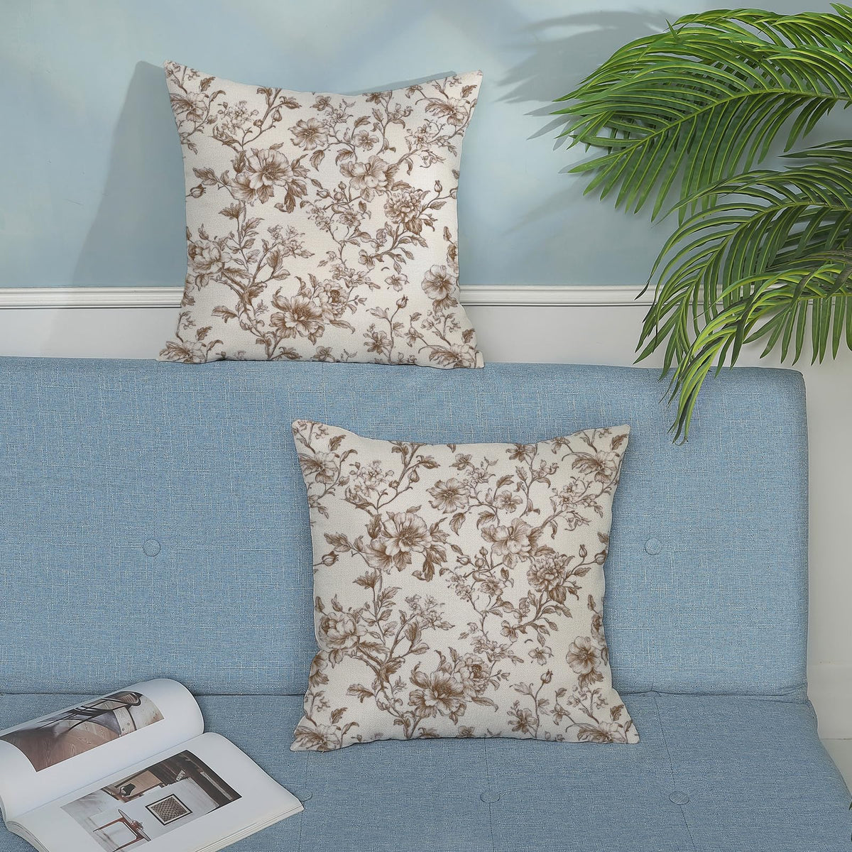 GOLIANDA Brown Pillow Covers 18x18 Set of 2 Brown and Cream Floral Chinoiserie Throw Pillows Vintage Rustic Toile Flower Decorative Pillow Cases Outdoor Chinoiserie Decor Cushion Case for Couch Sofa