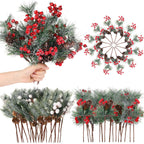 Blosssound 36 PCS Christmas Artificial Pine Branches with Snow Spray Red Berry Stems Pine Needles Faux Pine Picks Snow Floral Pine Cones for DIY Crafts Christmas Tree Garland Wreath Holiday Decor