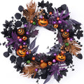 Valery Madelyn Collapsible Halloween Wreath for Front Door with Lights, 24 Inch Pre-Lit Jack-o'-Lantern Pumpkin Wreath Halloween Decorations for Centerpiece Window Indoor Party Holiday Wall Home Decor