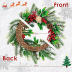 Christmas Wreaths for Front Door Outside Decor, 20" Red Berries Linen Ball Pine Boughs Winter Artificial Wreath Decorations with Hanging Sign for Xmas Holiday Home Door Wall Window Fireplace Indoor