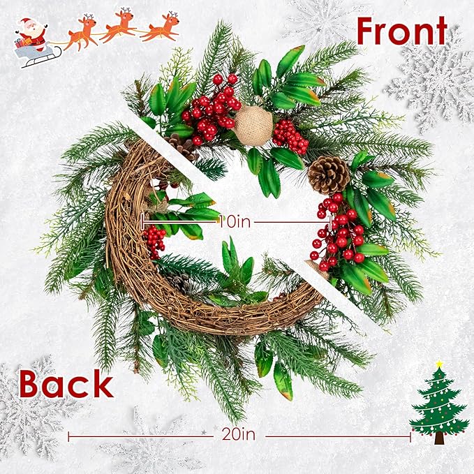 Christmas Wreaths for Front Door Outside Decor, 20" Red Berries Linen Ball Pine Boughs Winter Artificial Wreath Decorations with Hanging Sign for Xmas Holiday Home Door Wall Window Fireplace Indoor