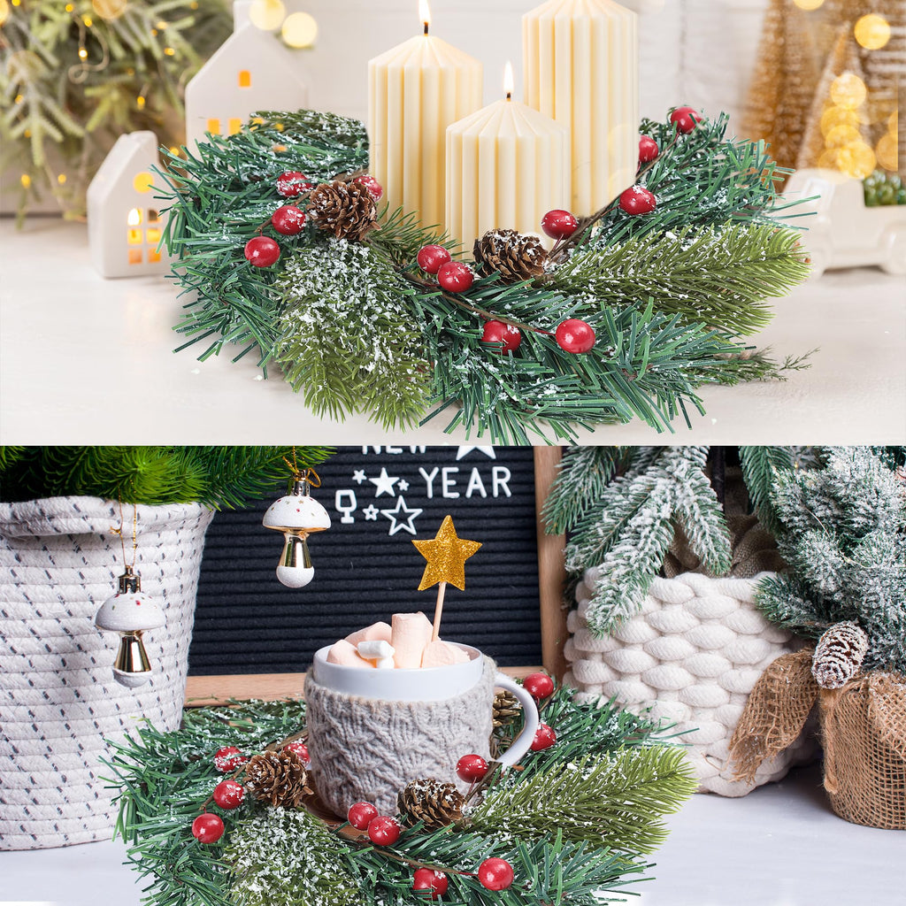 Sggvecsy 4 Pcs Christmas Candle Rings Norfolk Pine Wreath Table Centerpieces Artificial Red Berries Pinecones Small Wreaths Kitchen Cabinets Pillars Mini Candle Rings for Window Front Door Decor