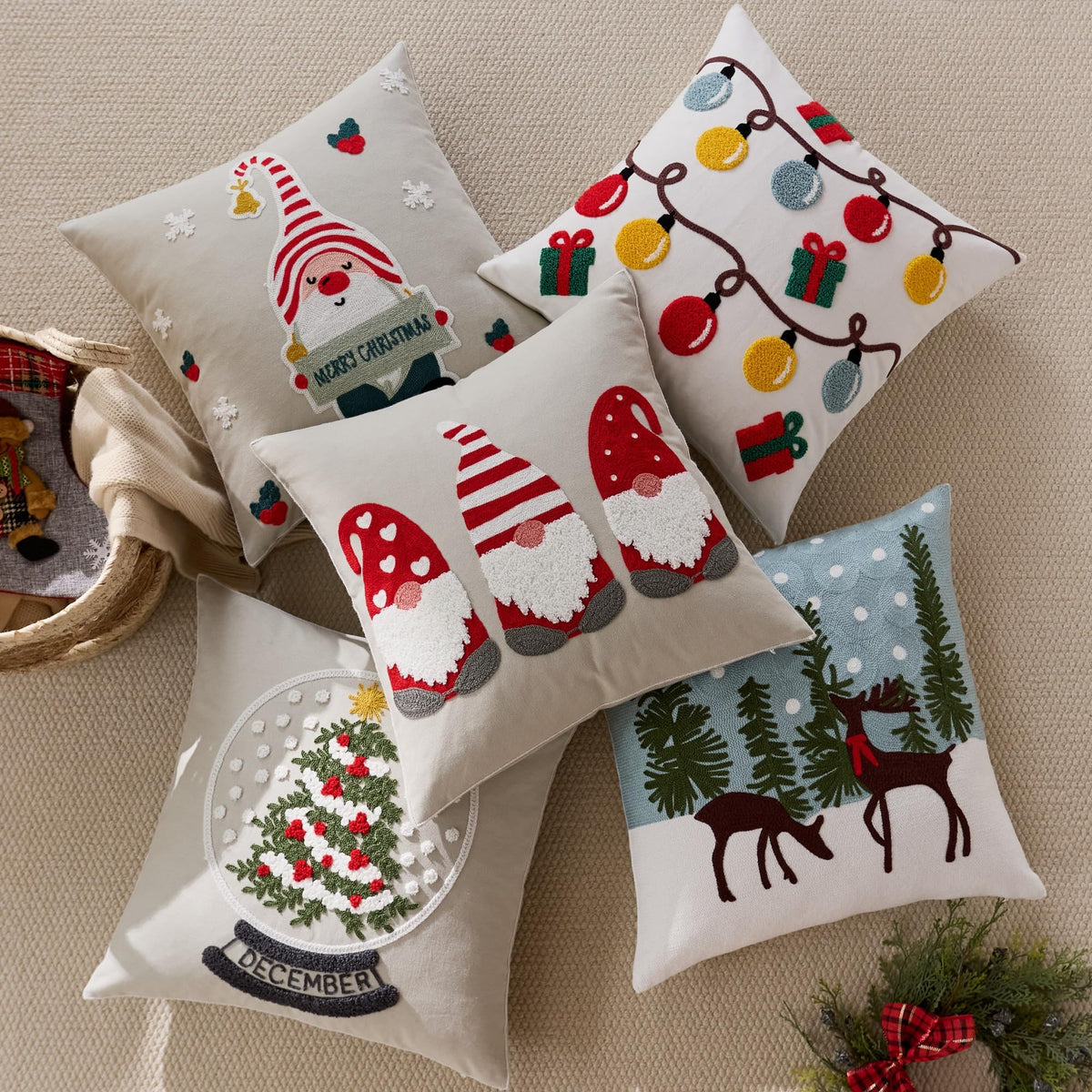 Farmhouse Christmas Pillow Covers 18x18 Set of 2, Xmas Embroidered Throw Cushion Cases with Festive Patterns for Rustic Home Holiday Decor (Gnome Christmas, 18" x 18" (Pack of 2))