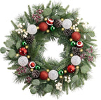 Valery Madelyn 24’ Pre-Lit Christmas Wreath for Front Door with Light, Large Lighted Outdoor Christmas Wreath with Red Green White Xmas Ball Norfolk Pine for Home Porch Fireplace Window Holiday Decor