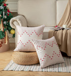 Caflife Boho Christmas Throw Pillow Covers 18x18 Set of 2, Christmas Decorations Pillow Covers Beige with Red Line for Modern Farmhouse Couch Sofa Bedroom Living Room Outdoor