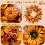 zjlmit Fall Wreaths for Front Door 24 Inch Fall Wreath with Pumpkins Sunflowers Maple Leaves and Orange Red Berries Autumn Wreath for Farmhouse Porch Thanksgiving and Harvest Festival Parties