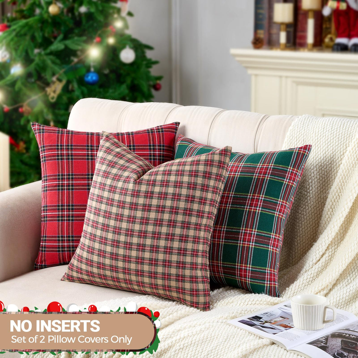 Vintage Brown Tartan Plaid Christmas Decorative Throw Pillow Covers 18x18 Set of 2, Primitive Christmas Decor Buffalo Plaid Pillows 18 x 18 Inch for Couch Bed, Rustic Farmhouse Xmas Decorations